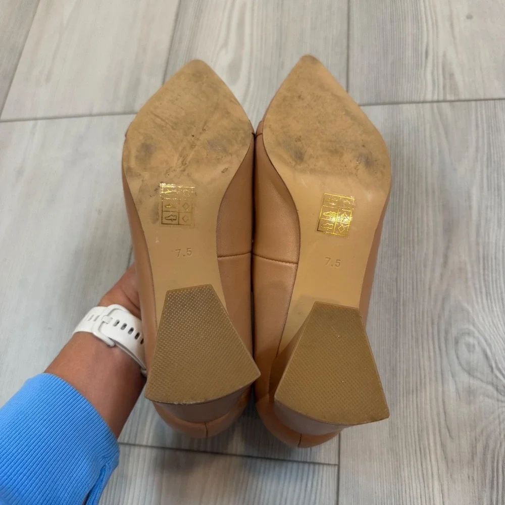 Jeffrey Campbell Tan Leather Pointed Toe Horsebit Block Heel Pumps Womens 7.5